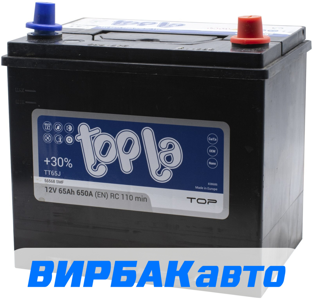 Купить Аккумулятор Topla Asia Top (56568 SMF) 65 Ач 650 А обратная, клемма  стандартная, цены в Волжском — интернет-магазин VIRBACauto